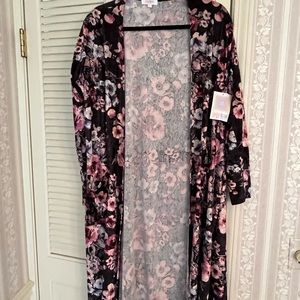 Lularoe Sarah Cardigan, Black background with pink, blue and purple flowers.